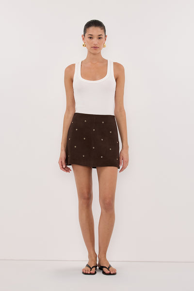 Aude wearing SYLVIE BITTER CHOC SUEDE MINI SKIRT
