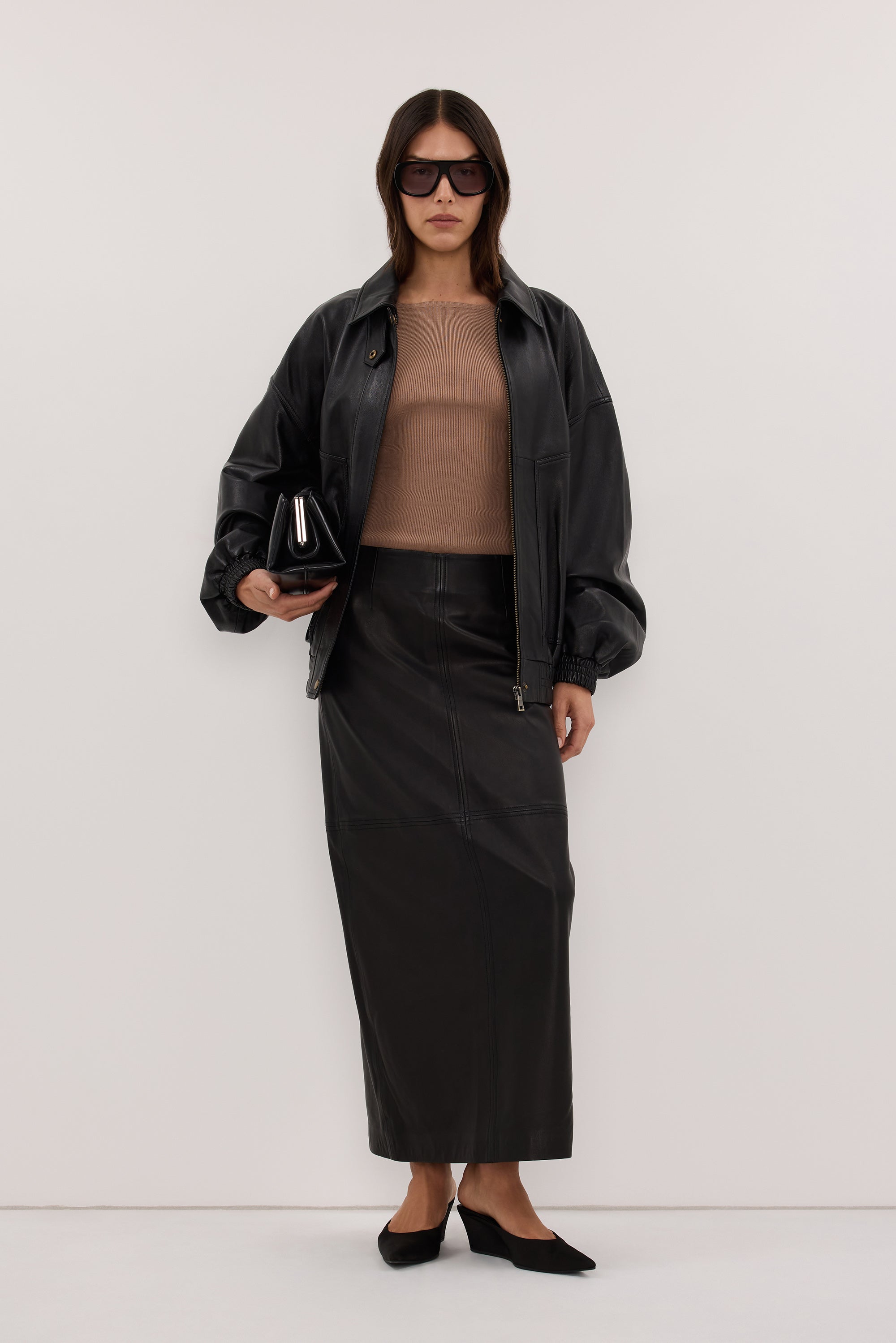 COOPER BLACK LEATHER MIDI SKIRT