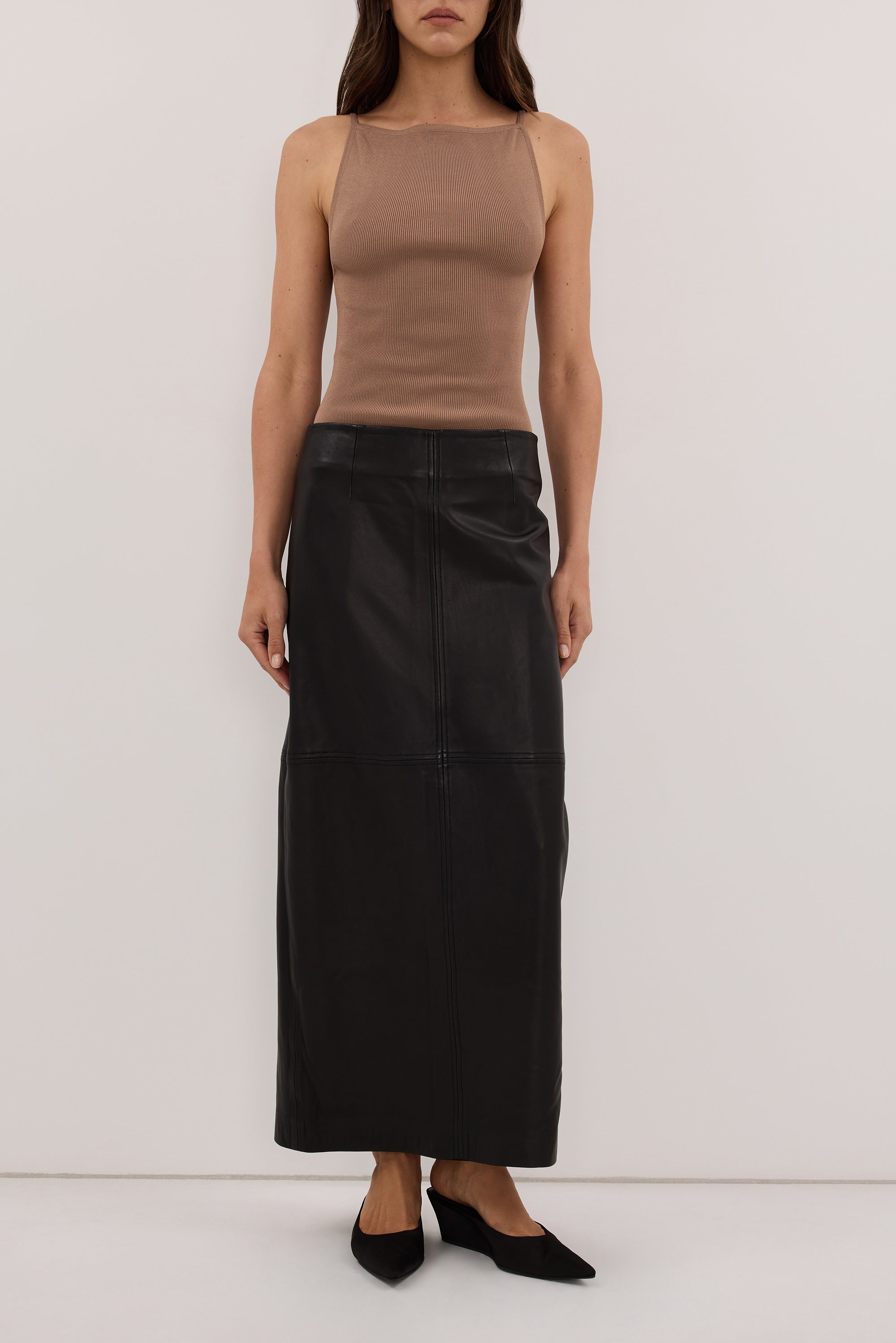 COOPER BLACK LEATHER MIDI SKIRT