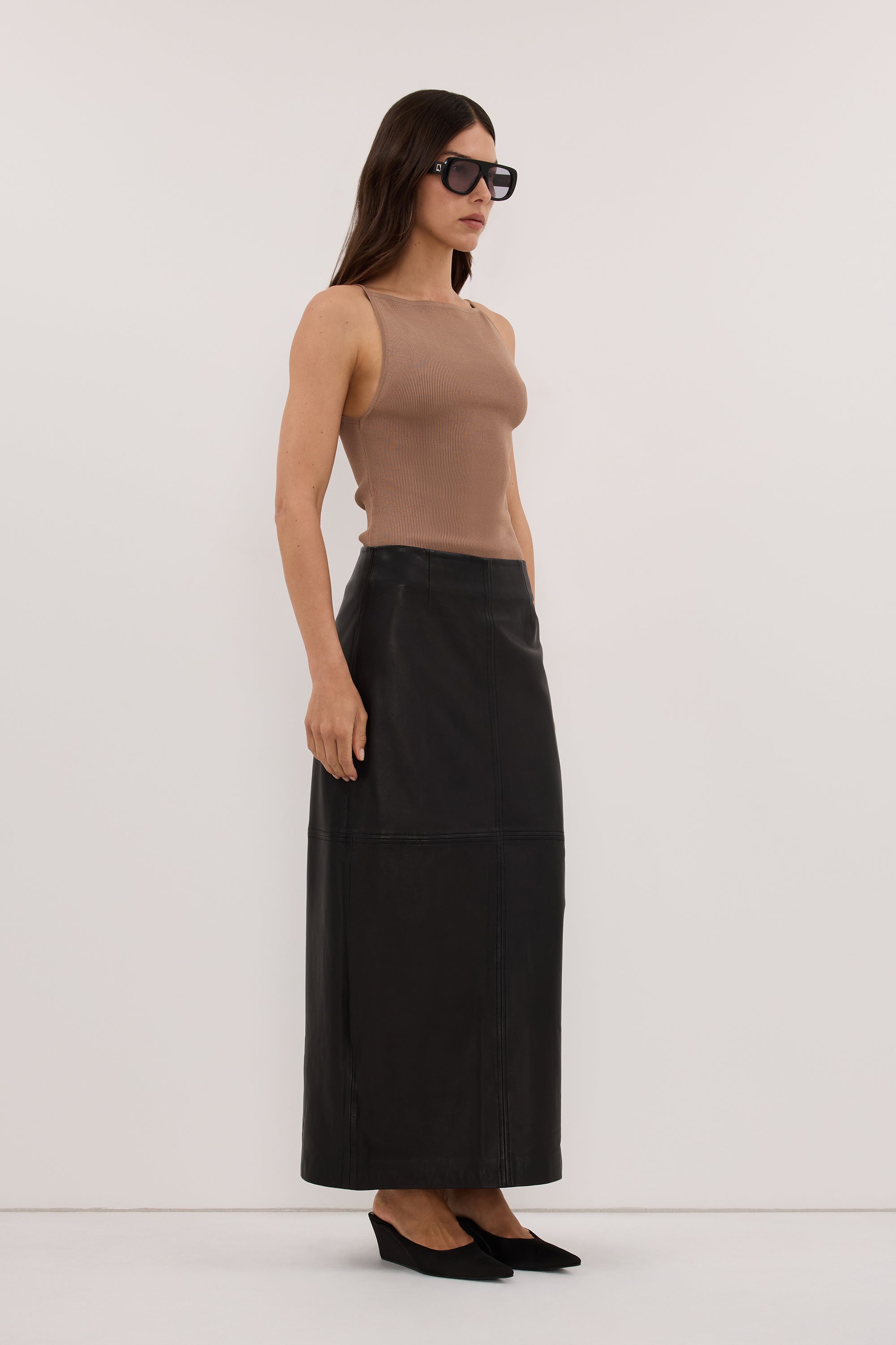 COOPER BLACK LEATHER MIDI SKIRT
