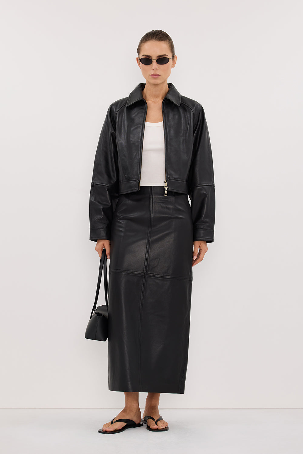 COOPER BLACK LEATHER MIDI SKIRT