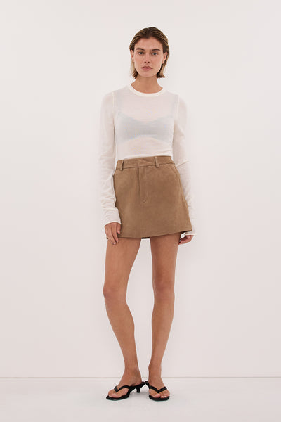 Joanna wearing ESTELLE CHESTNUT SUEDE MINI SKIRT