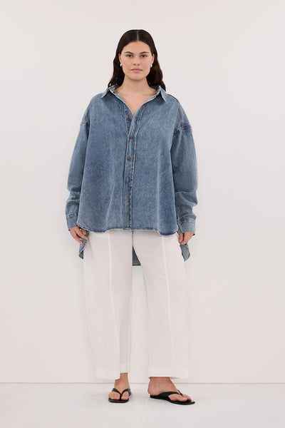 Jasmine wearing ASHTON CLASSIC BLUE OVERSIZED DENIM SHIRT
