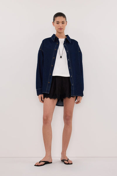 Stas wearing ASHTON INDIGO OVERSIZED DENIM SHIRT