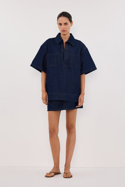 Adrienne wearing MASON INDIGO BOXY DENIM SHIRT