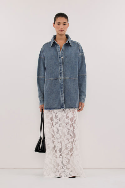 Aude wearing ELECTRA CLASSIC BLUE DENIM SHIRT