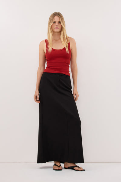 Zoe wearing PHOEBE BURNT RED SCOOP NECK TANK TOP