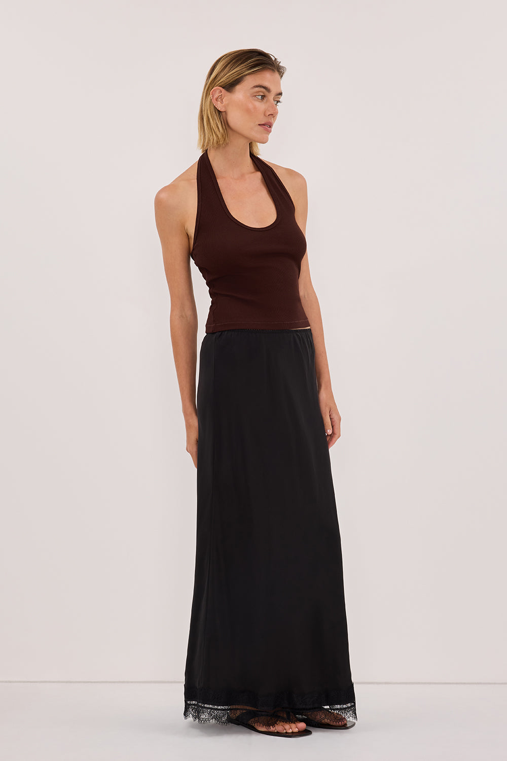HARLAN BURNT CHOC KNIT HALTER TOP