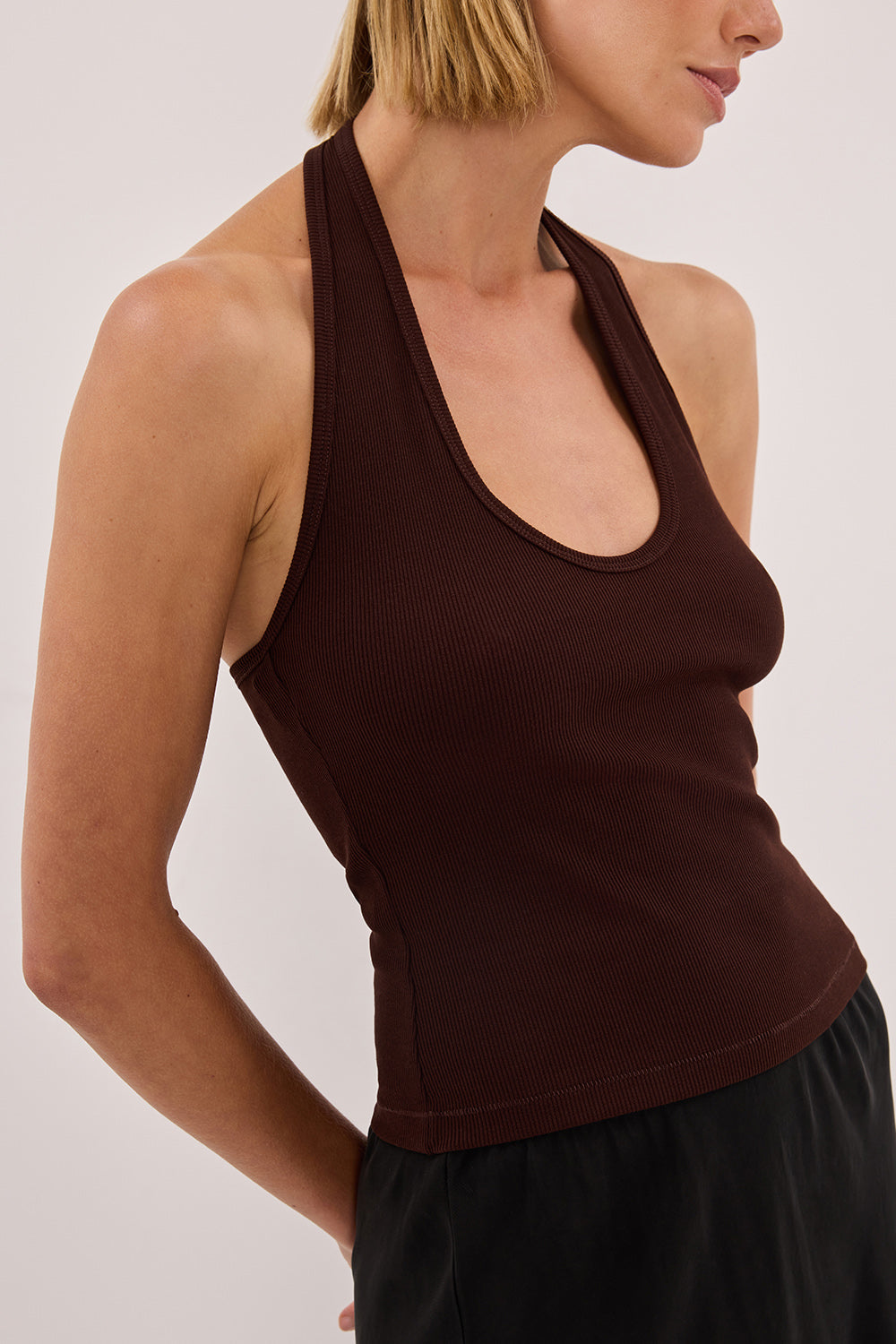 HARLAN BURNT CHOC KNIT HALTER TOP