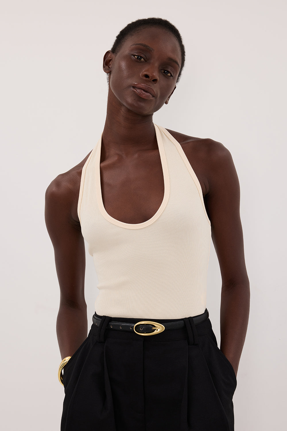 HARLAN SANDSTONE KNIT HALTER TOP