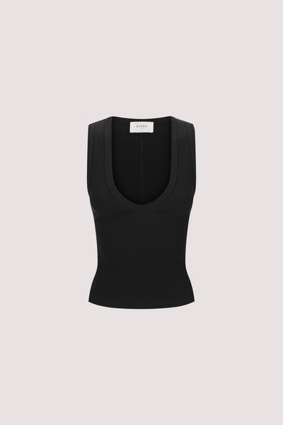 Zoe wearing YASMIN BLACK SLEEVELESS KNIT TANK