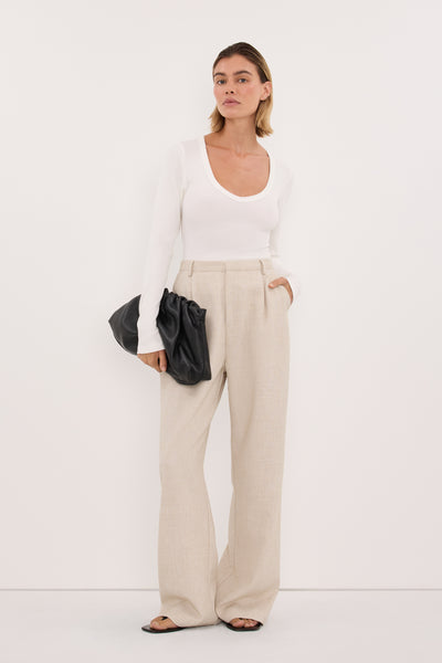 Joanna wearing YASMIN OFF WHITE LONG SLEEVE KNIT TOP