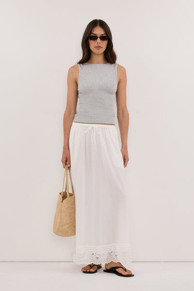 Helena wearing AMARA GREY MARLE BOAT NECK KNIT TANK
