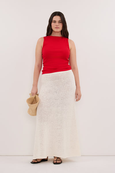 Jasmine wearing AMARA RED BOAT NECK KNIT TANK