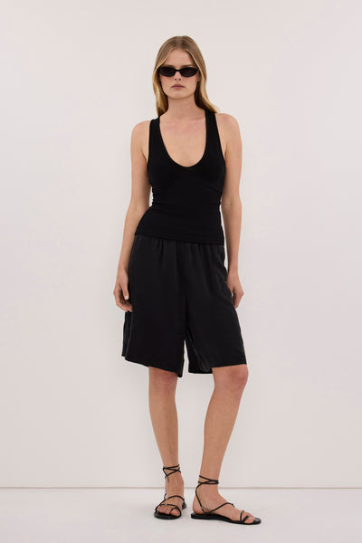 Zoe wearing ROSIE BLACK V NECK KNIT TANK