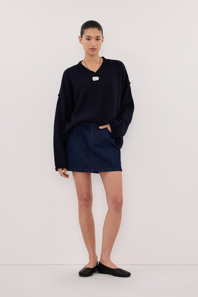 Aude wearing MASON INDIGO DENIM MINI SKIRT