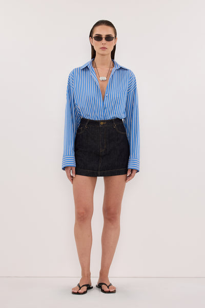 Stas wearing KERA RAW INDIGO DENIM A LINE SKORT