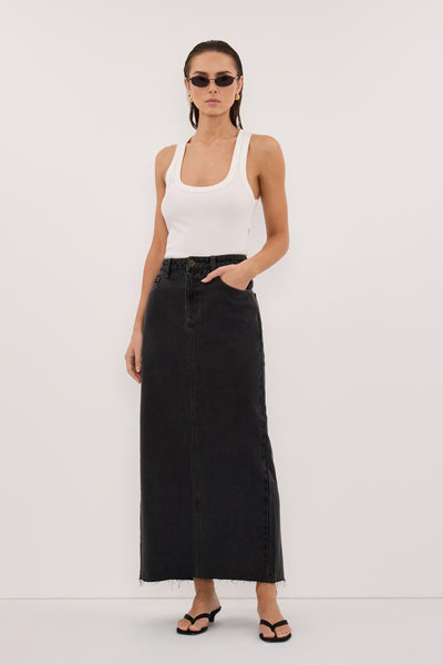 Stas wearing MONROE BLACK RINSE DENIM MIDI SKIRT