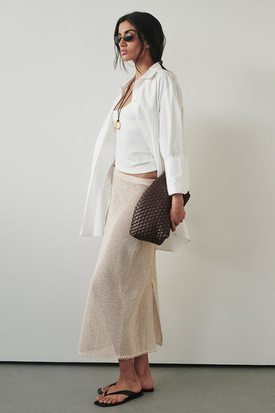 Anaya wearing ANNE NATURAL OPEN KNIT MIDI SKIRT