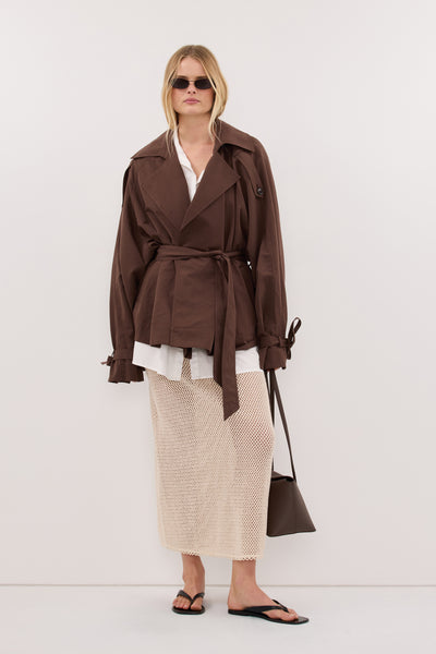 Zoe wearing ANNE NATURAL OPEN KNIT MIDI SKIRT