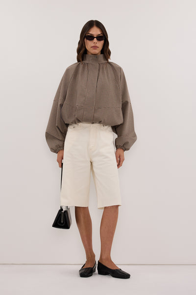Helena  wearing REAGAN CREAM DENIM BERMUDA SHORT - PRE ORDER