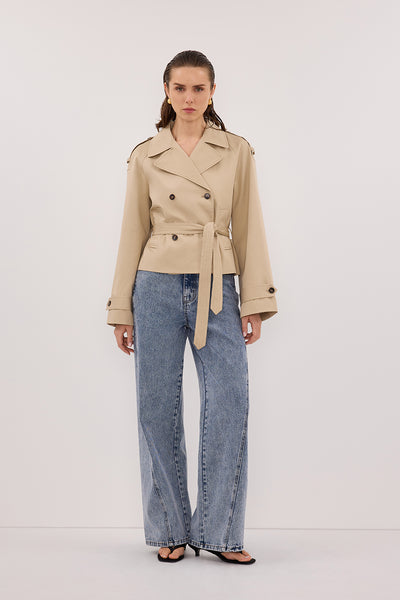 Stas wearing CARSON MID BLUE WIDE LEG JEAN