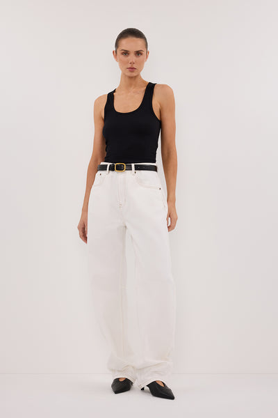 Stas wearing LIV WHITE DENIM BARREL LEG JEAN