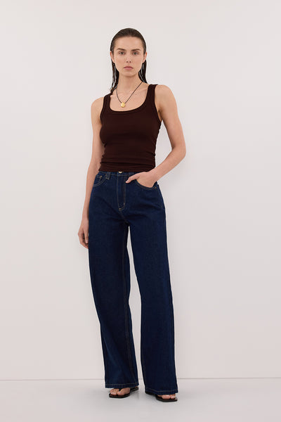 Stas wearing REAGAN 2.0 INDIGO TALL SLOUCHY JEAN