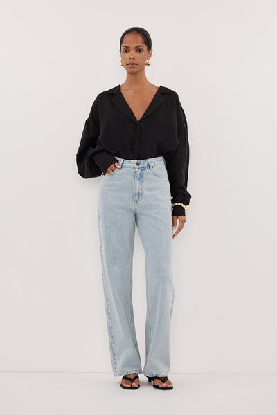 Kristen wearing WESTIN LIGHT RINSE TALL STRAIGHT JEAN