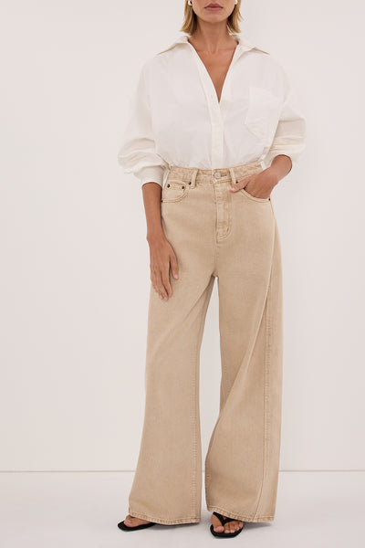 Joanna wearing DREW BUFF WIDE LEG DENIM JEAN