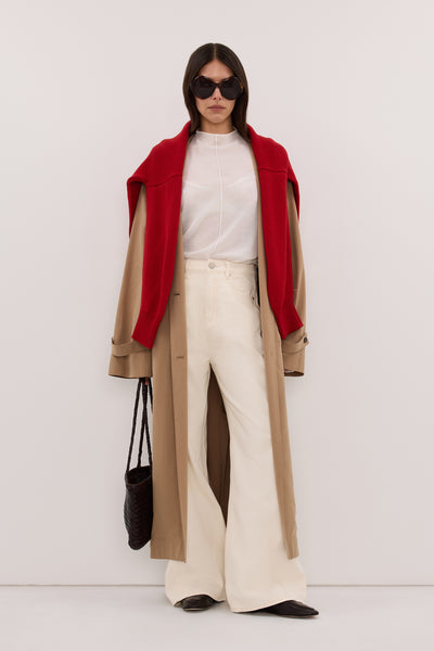 Helena  wearing DREW CREAM WIDE LEG DENIM JEAN