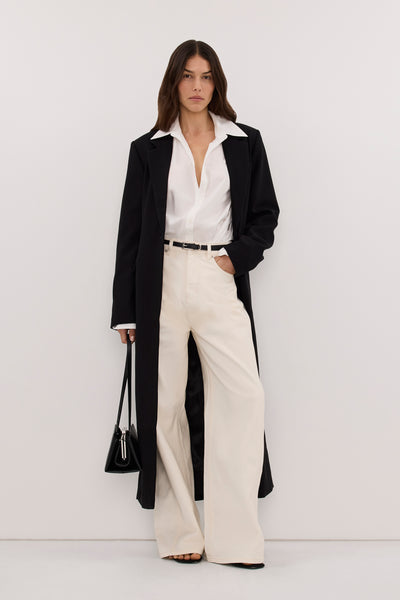 Helena  wearing DREW CREAM WIDE LEG DENIM JEAN