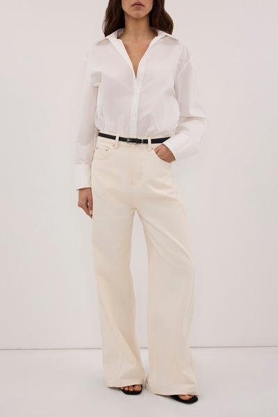 Helena  wearing DREW CREAM WIDE LEG DENIM JEAN