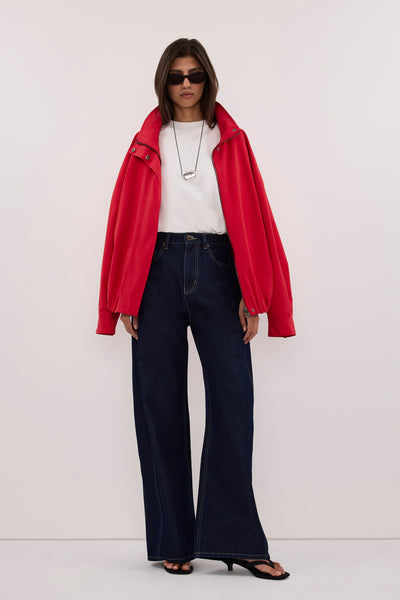 Aida wearing DREW INDIGO WIDE LEG DENIM JEAN