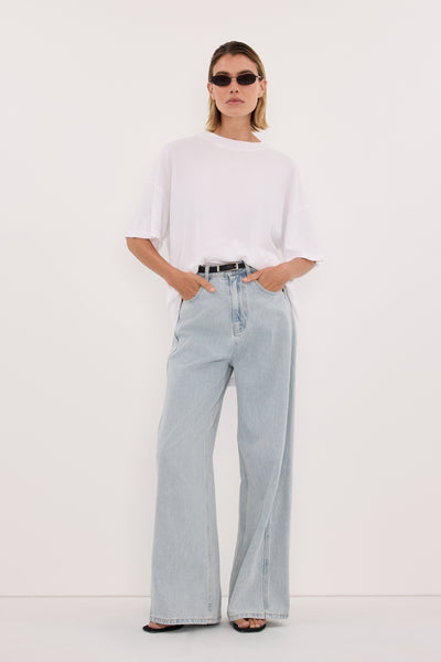 Joanna wearing DREW LIGHT RINSE WIDE LEG DENIM JEAN