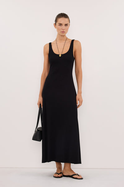 Stas wearing PHOEBE BLACK SLEEVELESS SCOOP NECK MIDI DRESS