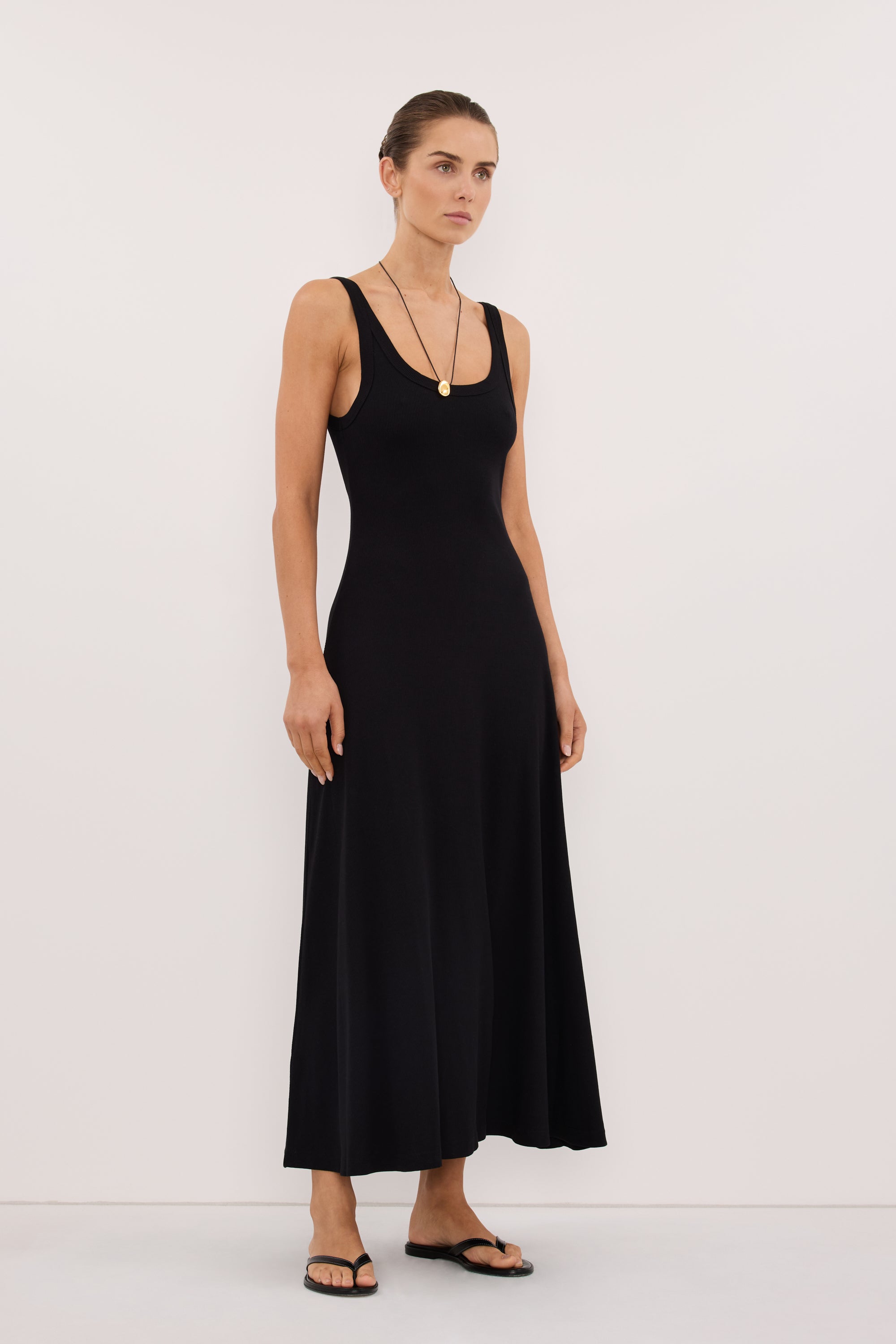 black scoop neck midi dress Phoebe Sleeveless Scoop Neck Midi Dress in Black By DISSH