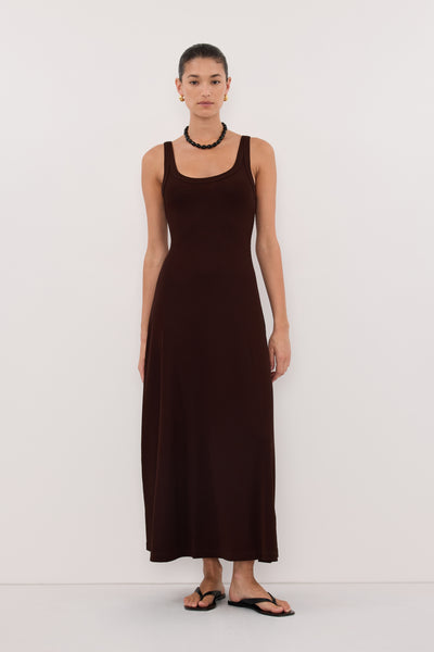 Aude wearing PHOEBE BURNT CHOC SLEEVELESS SCOOP NECK MIDI DRESS