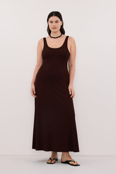 Jasmine wearing PHOEBE BURNT CHOC SLEEVELESS SCOOP NECK MIDI DRESS