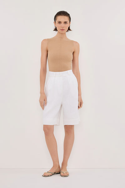 Stas wearing OWEN TAN BOAT NECK TOP