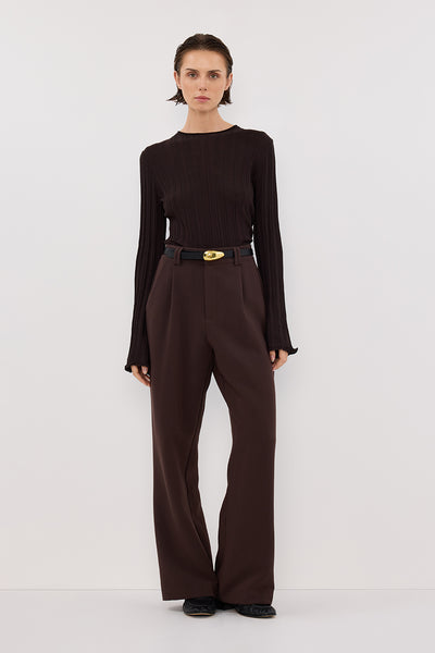 Stas wearing SYLVIA BITTER CHOC CREW KNIT TOP
