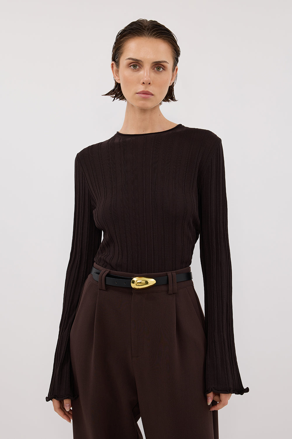 SYLVIA BITTER CHOC CREW KNIT TOP