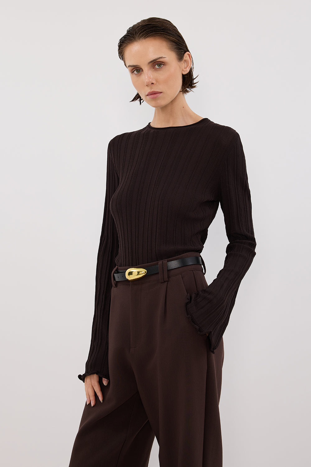 SYLVIA BITTER CHOC CREW KNIT TOP