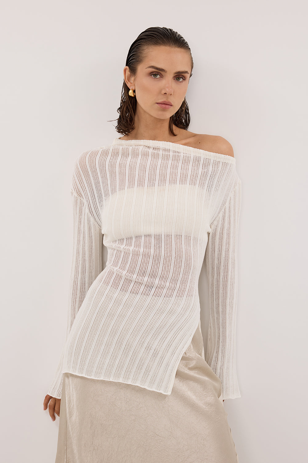BOWIE IVORY LONG SLEEVE KNIT TOP – DISSH