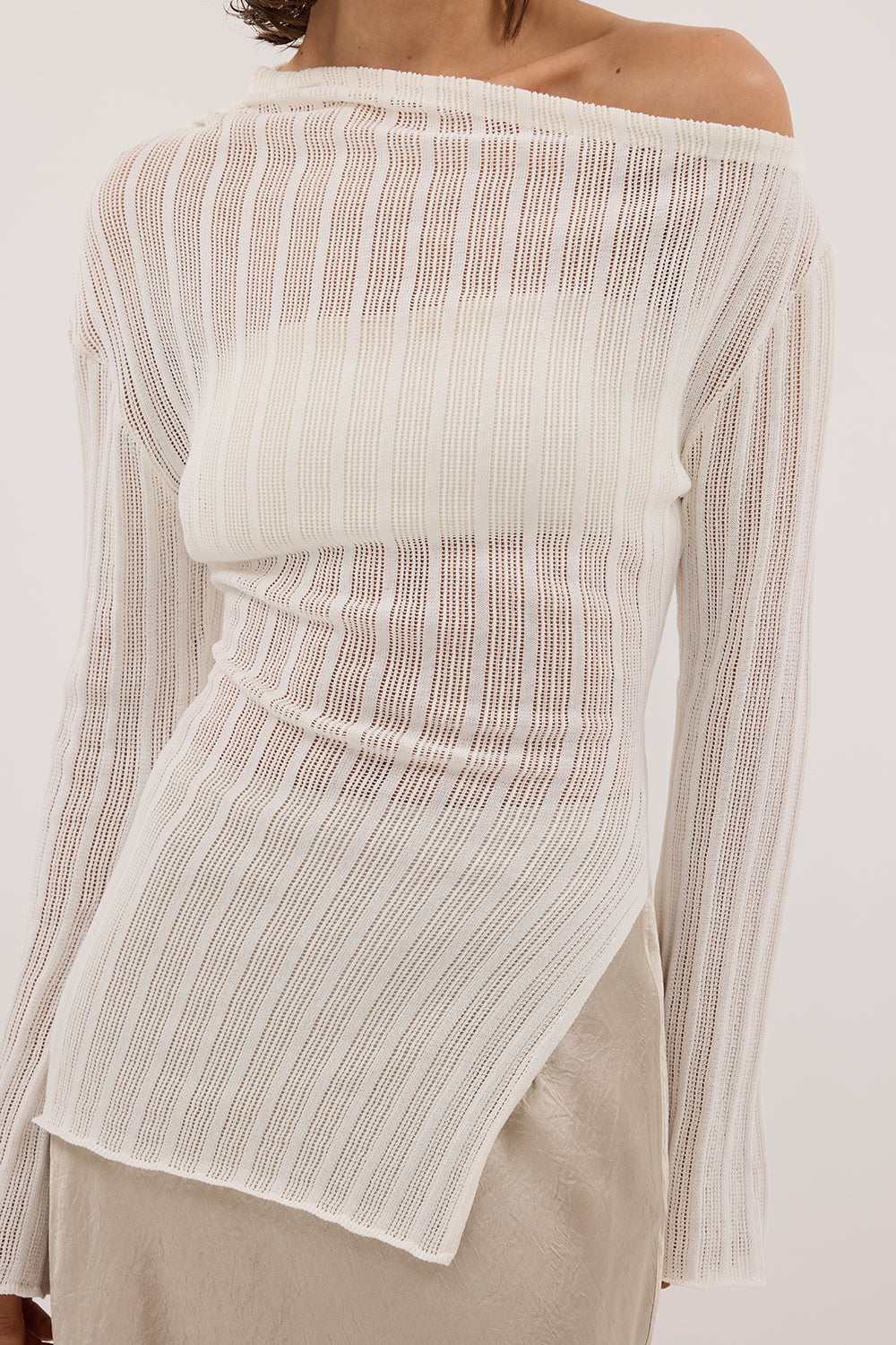 トップス andequal sheer pattern knit IVORY BOWIE IVORY LONG SLEEVE KNIT TOP – DISSH