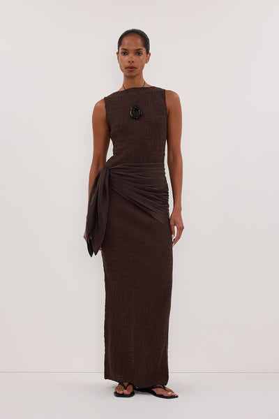 Kristen wearing MELISSA CHOCOLATE SLEEVELESS KNIT TOP