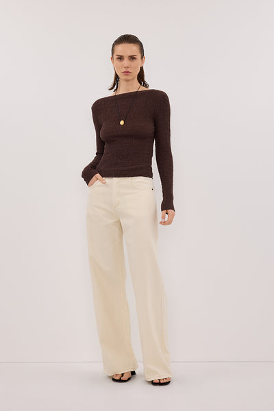 Stas wearing MELISSA CHOC LONG SLEEVE KNIT TOP