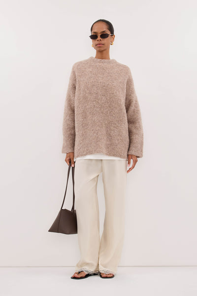 Kristen wearing BILLIE OAT TEXTURED KNIT JUMPER