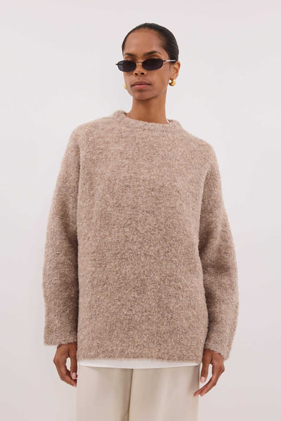 Kristen wearing BILLIE OAT TEXTURED KNIT JUMPER