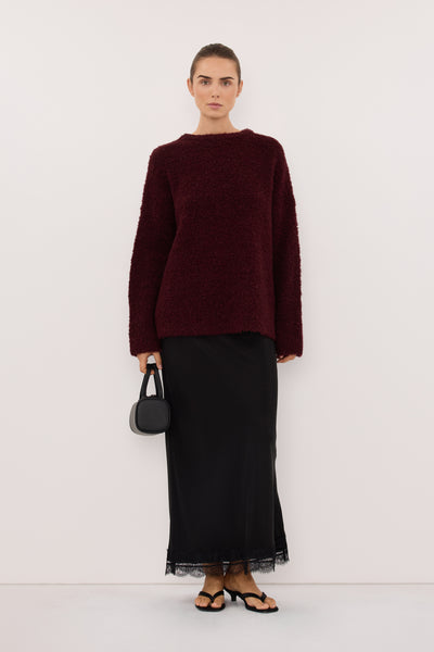 Stas wearing BILLIE WINE TEXTURED KNIT JUMPER
